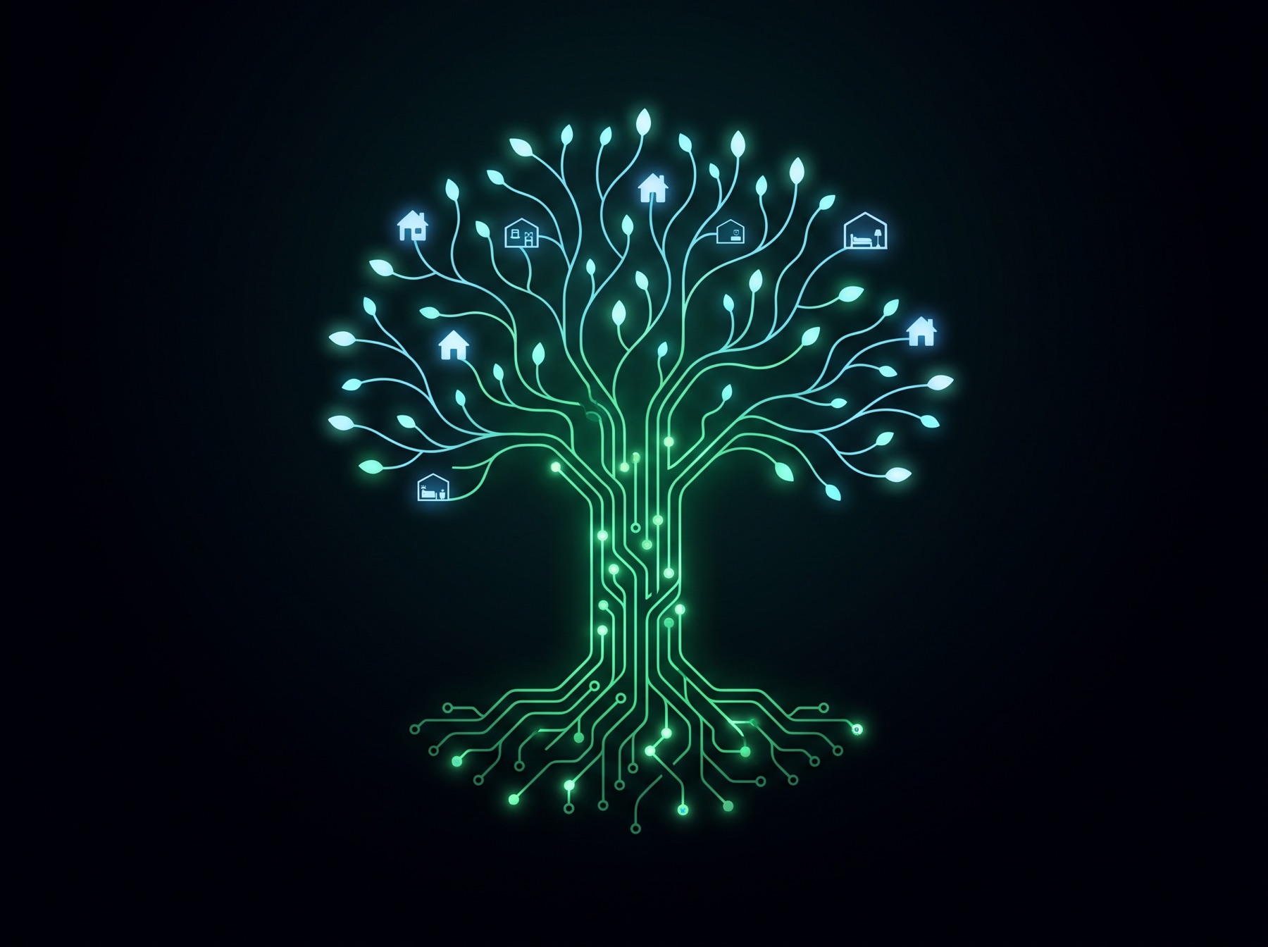 Ilustración de un árbol con tronco de circuito y ramas que terminan en íconos de casas, representando la IA generativa