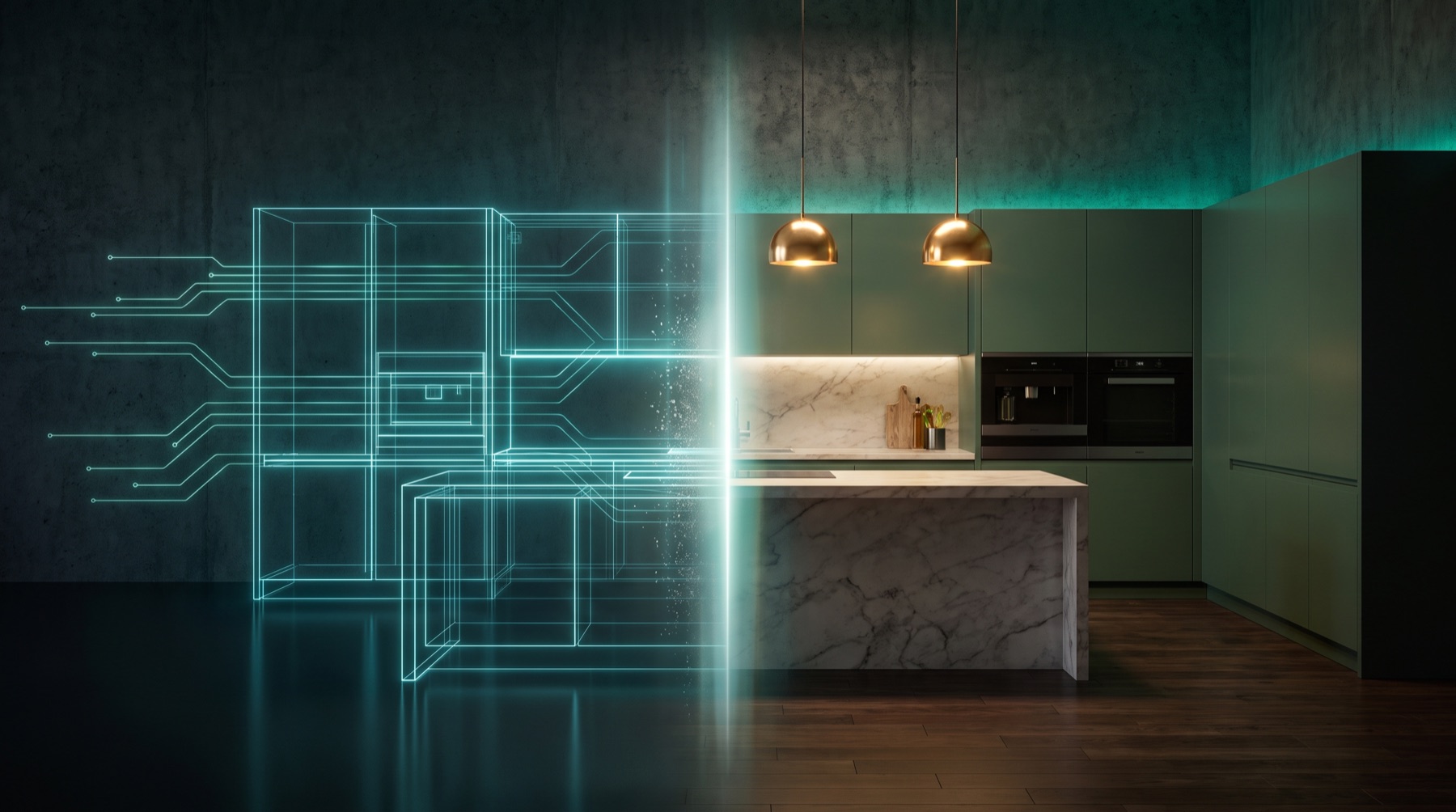 Plano arquitectónico transformándose en un render fotorrealista de cocina