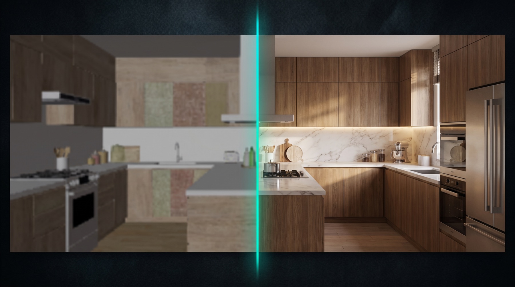 Comparación: render impreciso y confuso a la izquierda contra un render nítido y preciso a la derecha