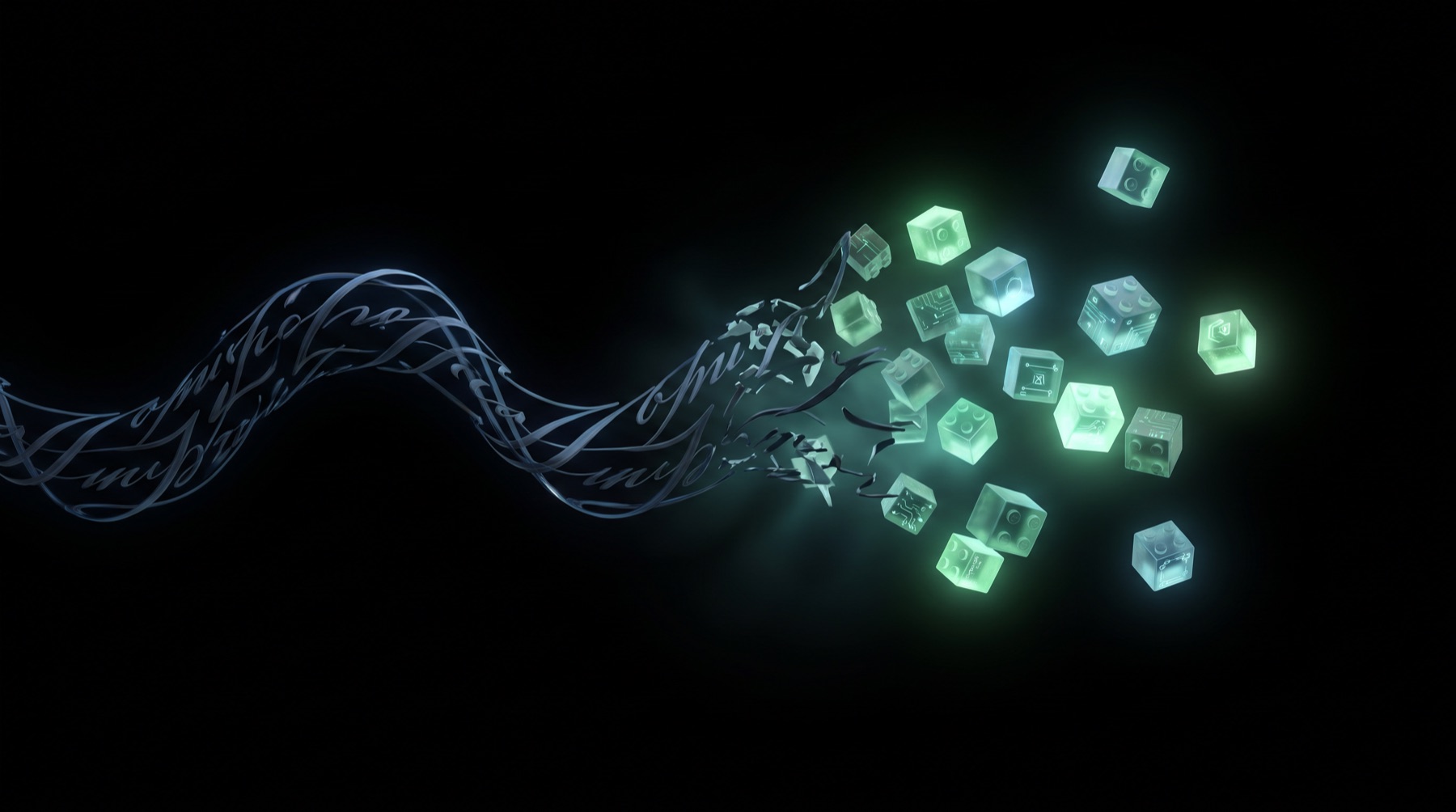 Ilustración de un texto disolviéndose en pequeños bloques brillantes tipo Lego, representando los tokens